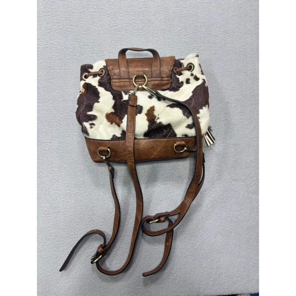Jen & Co Backpack OS Cow Print Brown Faux Leather Tassel Western Boho Bag